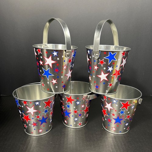 Patriotic Mini Metal Bucket Pail with Red White Blue Stars Silver - Set ...