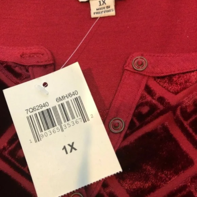 NWT) Lucky Brand Women's Merlot Burnout Velvet Bib Henley Top Plus