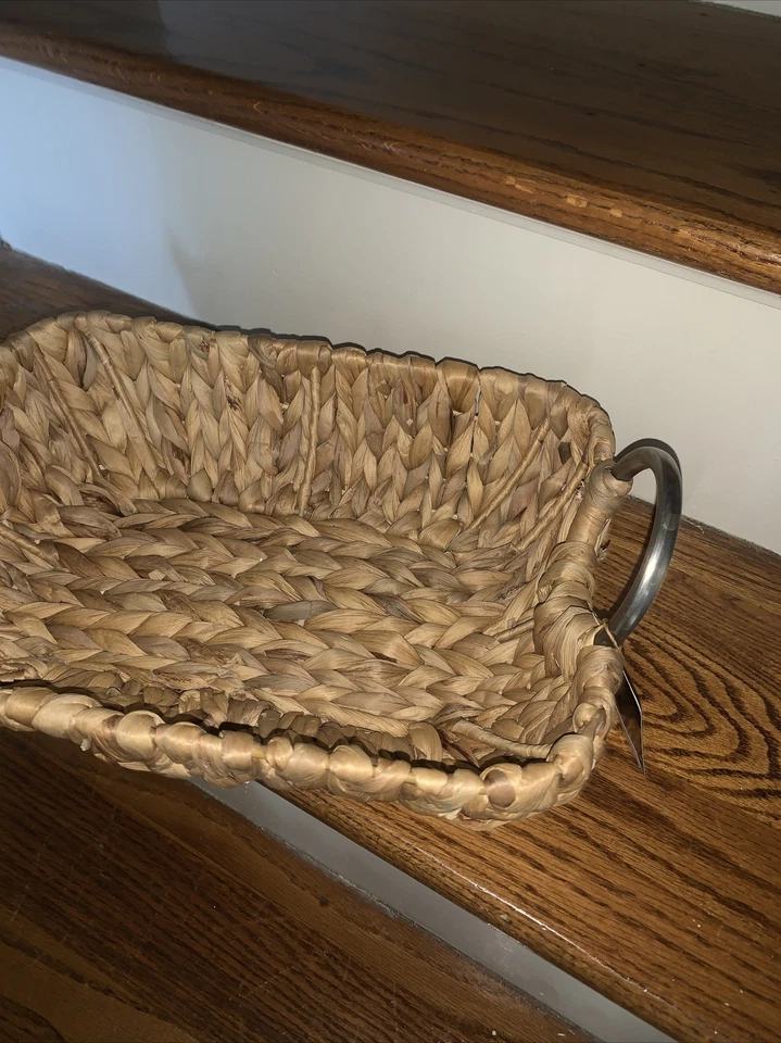 14” Wicker Farmhouse Basket New STRAW STUDIOS Unique Serving Tray w/ Handles NEW - Image 2 of 4