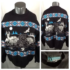 Vtg 1990 Art Unlimited Sweatshirt (Large) All Over Print Nature Deer Bear Wolf