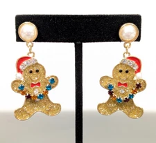 Christmas Gingerbread Man Rhinestone Glitter Faux Pearl Dangle Earrings Pierced