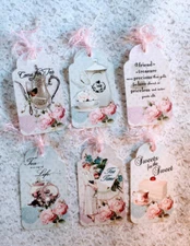 Cottage Chic Roses Tea Time~6 Gift Hang Tags~Journals~Scrapbook~Party Favor~256R