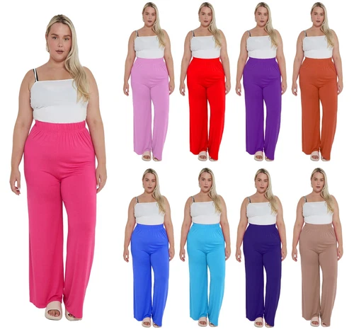 New Womens Ladies Plus Size Plain Palazzo Wide Leg Flared Trousers Pants UK 8-26