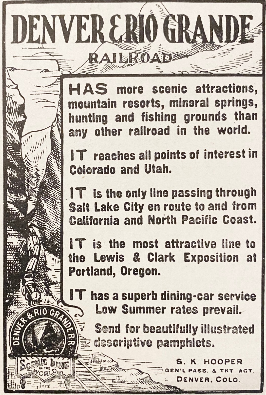 1905 Train Travel Print Ad~DENVER & RIO GRANDE Railroad~Scenic Line of ...