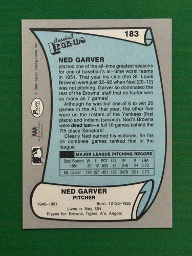 1989 Pacific Legends II Baseball #183 Ned Garver - Picture 2 of 2