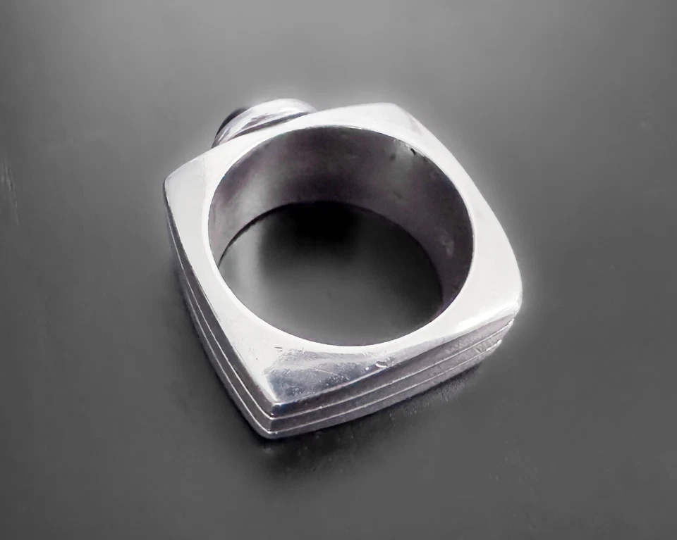 Anillo Modernista Ancho Acanalado Cuadrado Pesado Grueso Cabina Ónix Plata Esterlina 19g s9 Foto 4 de 4