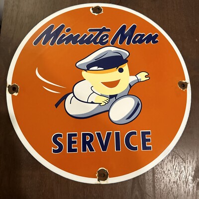Vintage Porcelain Minute Man Auto Service Gas/Oil Enamel Metal Sign 