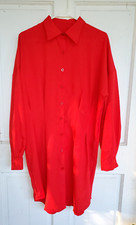 Red XL Button Up Fitted Midi Long Sleeve Tunic Pleated Collared Dress