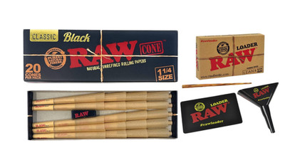 RAW Black 1 1/4 Size Cones 20ct + RAW Cone Loader for Lean & 1 1/4 Sized Preroll