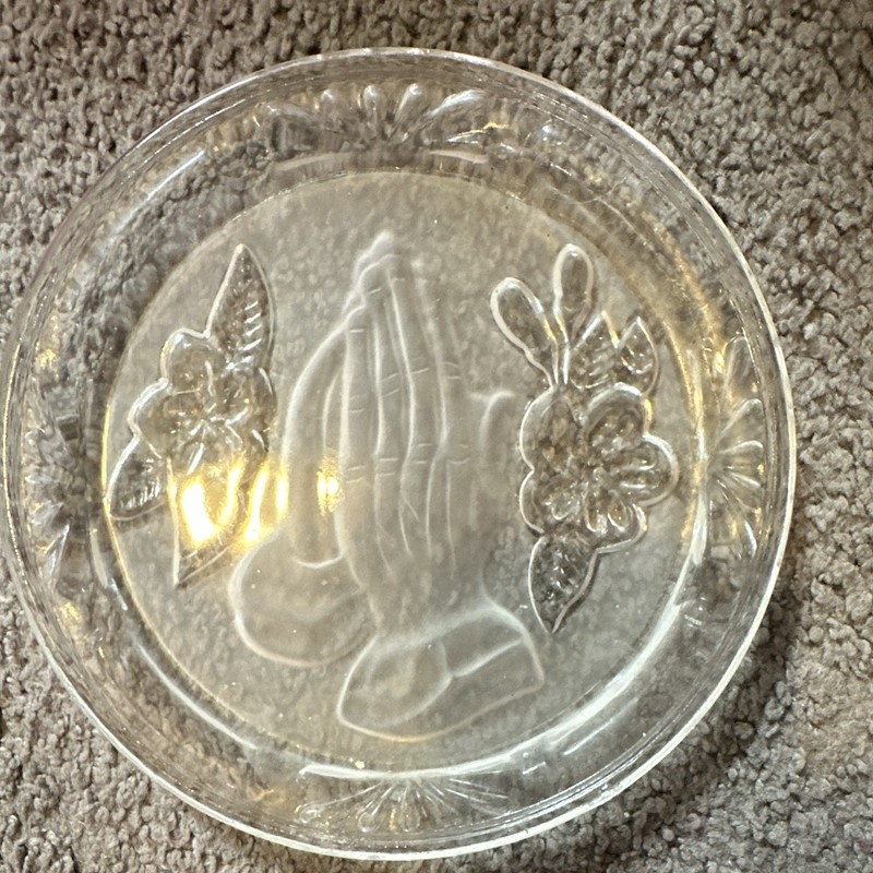 Clear Glass Christianity Plate w/ Praying Hands & Floral Design