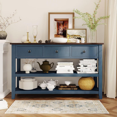 Navy Retro Pine Console Table with Drawers & Open Shelves for Any Room