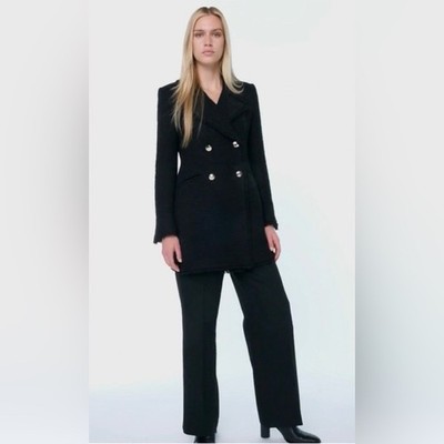 Zara Black Double Breasted Textured Coat Gold Buttons Frayed Trim XS NWT