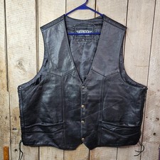 UNIK Men's Black Leather Motorcycle Biker Vest Size 56 Lace Side Snap Front