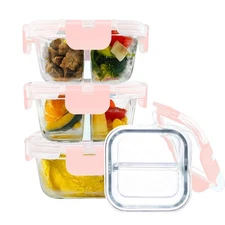 Bariatric Meal Prep Containers 3 Pack | Glass Portion Control Storage Lids Pink