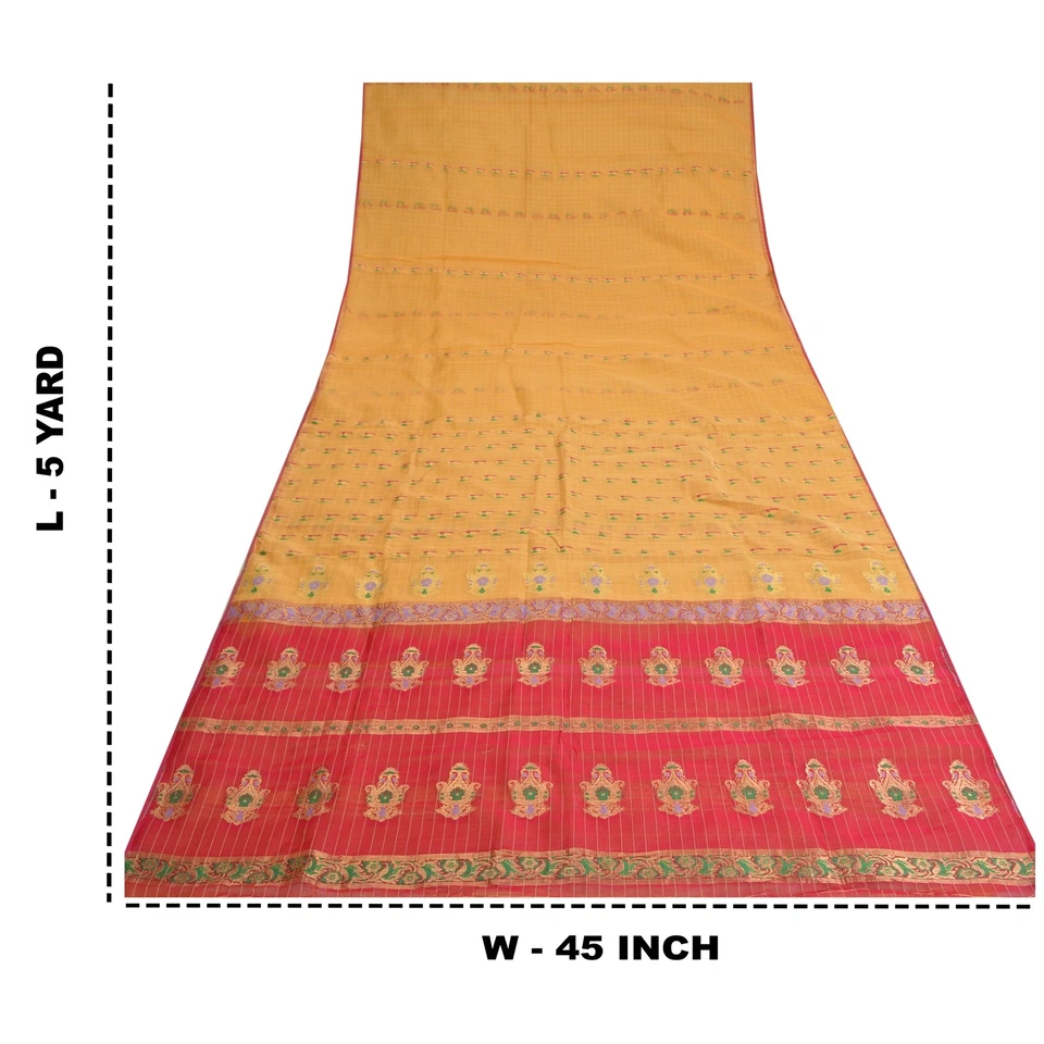 Saris amarillos vintage sánskriti algodón seda brocado/banarasi zari sari tela de 5 yeda Foto 4 de 4