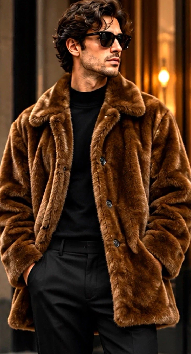 Russian Mink Style Coat Men M Rich Chestnut Brown elegant standout Buttons new - product detail image 1