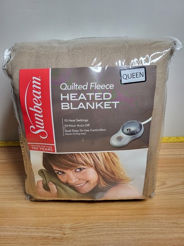 Sunbeam Quilted Fleece Heated ELECTRIC BLANKET, DUAL Adjust Queen, DARK TAN, NEW