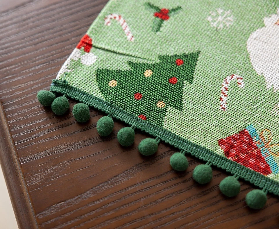 Christmas Vibe Santa Patchwork Table Runner Coffee Dining Table Decor Pom-pom - Image 3 of 4