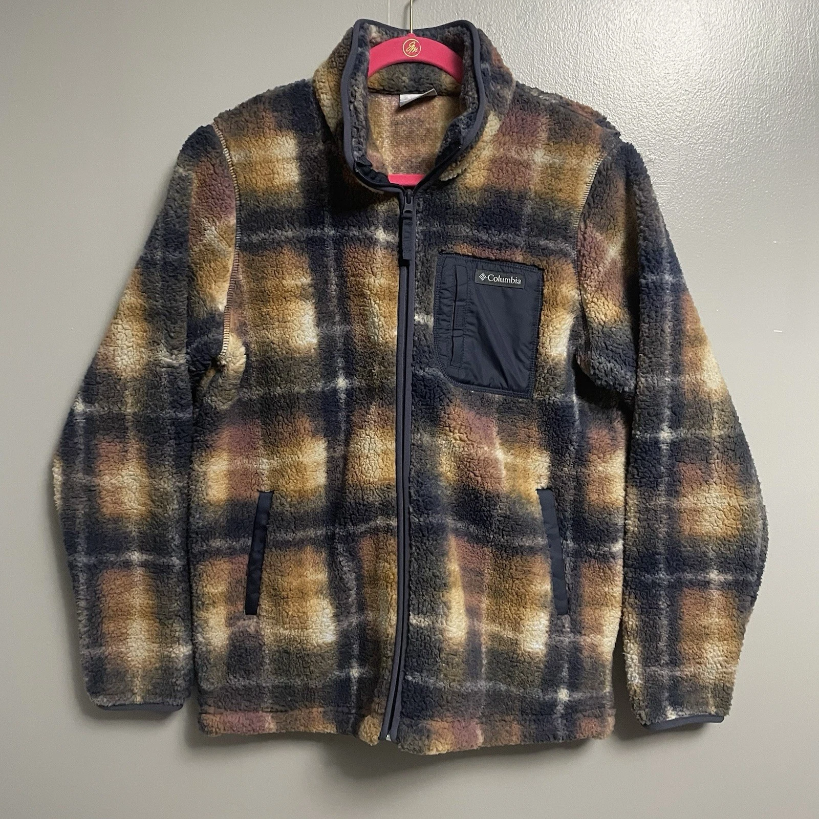 Columbia Unisex Plaid Sherpa Fleece Jacket Full Zip Outdoor Hiking Coat Size L