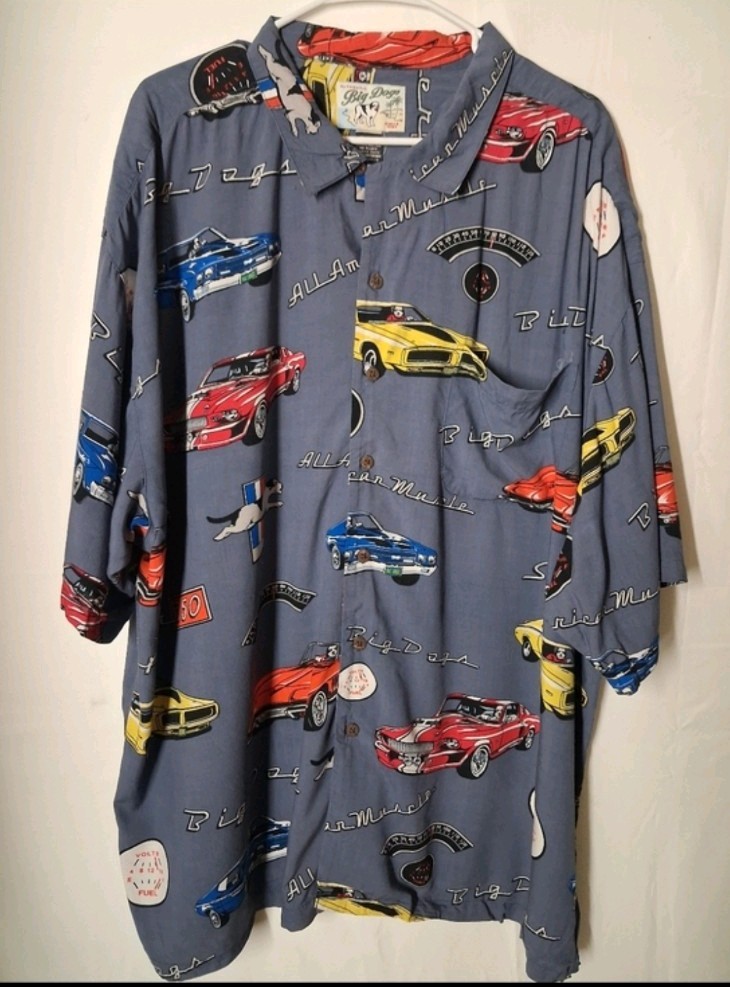 Big Dogs Men's 3X Blue Graphic Car Print Rayon Button-Up Short Sleeve Shirt