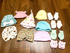 16 Piece Newborn Baby Girl Hats  Mittens Bundle. Various Brands 100 Cotton.