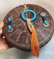 Antique Chinese Sewing Basket Colorful Peaking Glass Beads Coins and Tassels 8.5