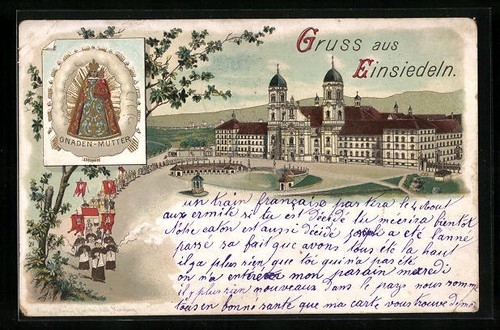 Lithographie Einsiedeln, Klosterkirche mit Platz und Mönchen 1902 - Bild 1 von 2