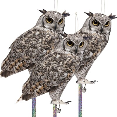 3 Pack Owl to Keep Birds Away Decoy Scare Fake Owl Reflective Hanging Repellent