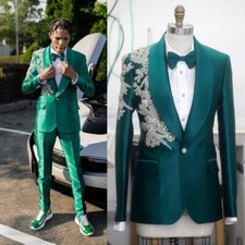 Green Satin Beading Suits for Men Formal Banquet Wedding Business Suit Slim Fit