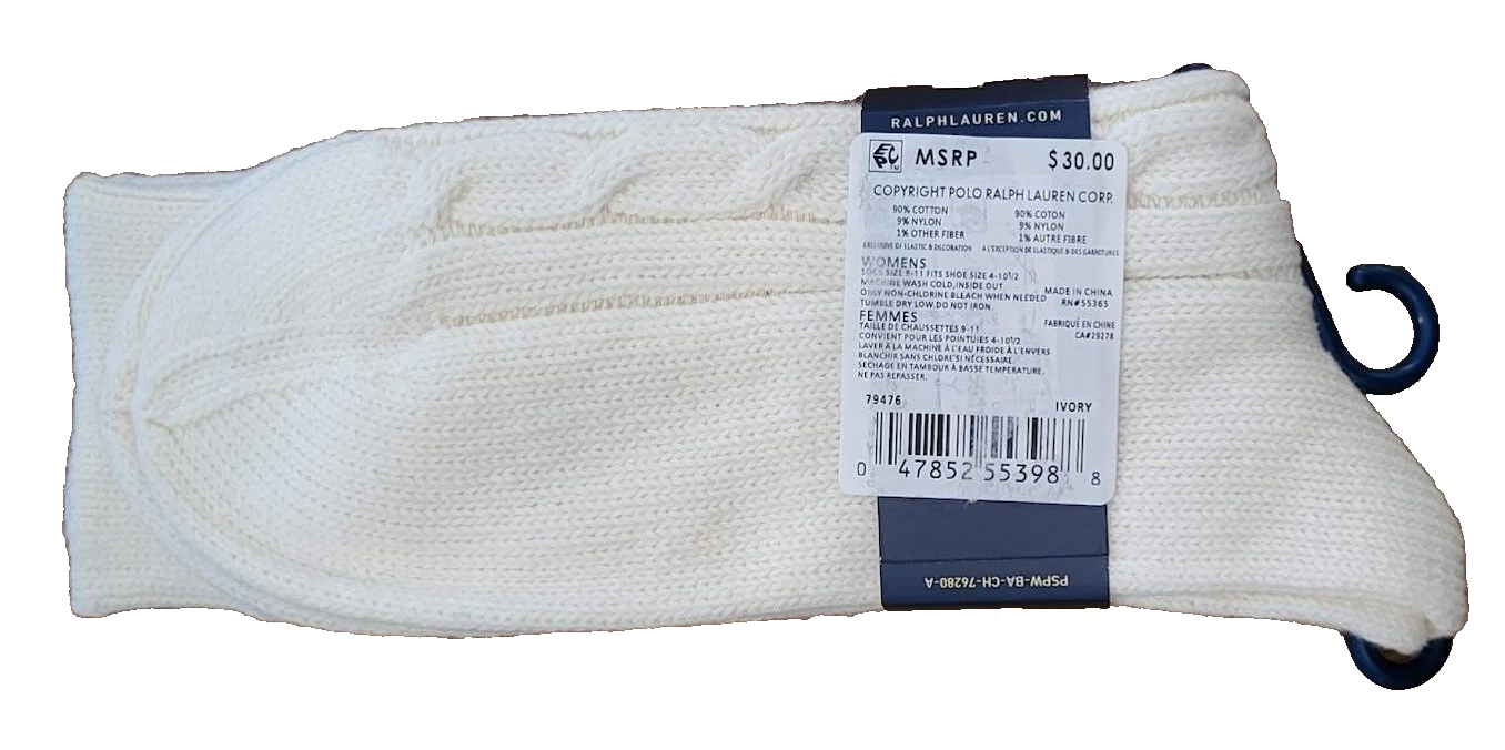 PONY Polo Ralph Lauren Calzini Donna Avorio Senza Stagione Cable Crew Scarpa Tg 4 10 5