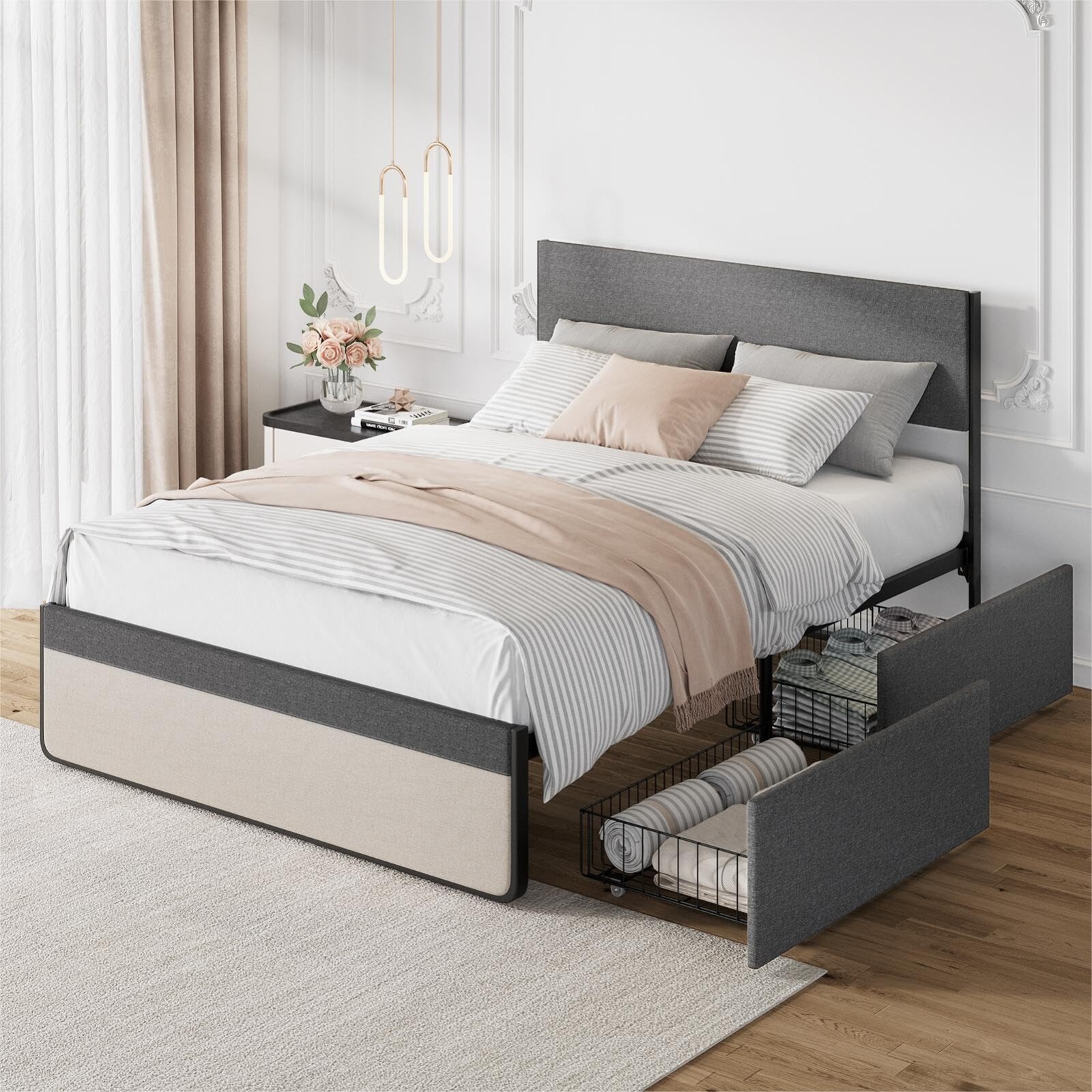Platform Bed Frame with Upholstered Headboard and 2 Storage Drawers Full Queen