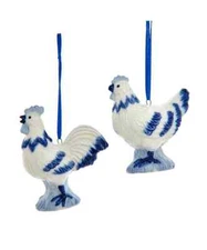 Set of 2 Blue and White ROOSTER & HEN CHICKEN Christmas Ornaments, by Kurt Adler