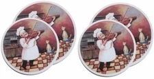 SET OF 4 TIN STEEL STOVETOP BURNER COVERS (2-10",2-8") FAT CHEF WITH VIOLIN, MBR