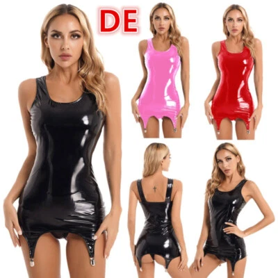 INHZOY DE Damen Ärmelloses Lackleder Minikleid mit Leder Dessous Kleid Party Clubwears
