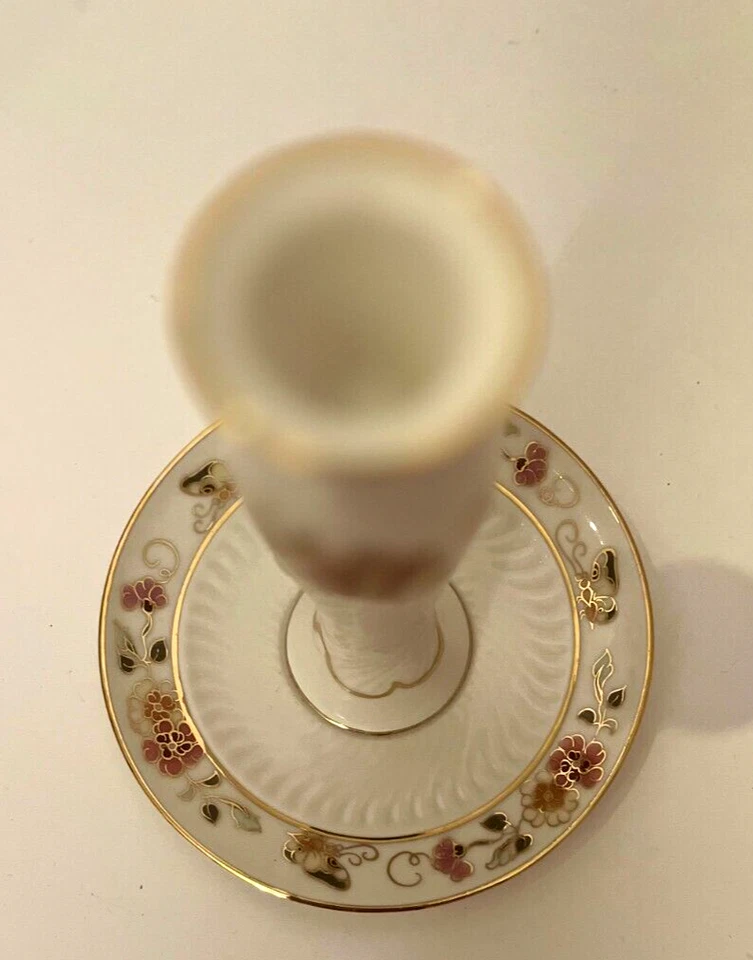 Vtg Zsolnay Handpainted Porcelain Ivory Floral Gold Rim Candle Holder Bud Vase - Image 2 of 4