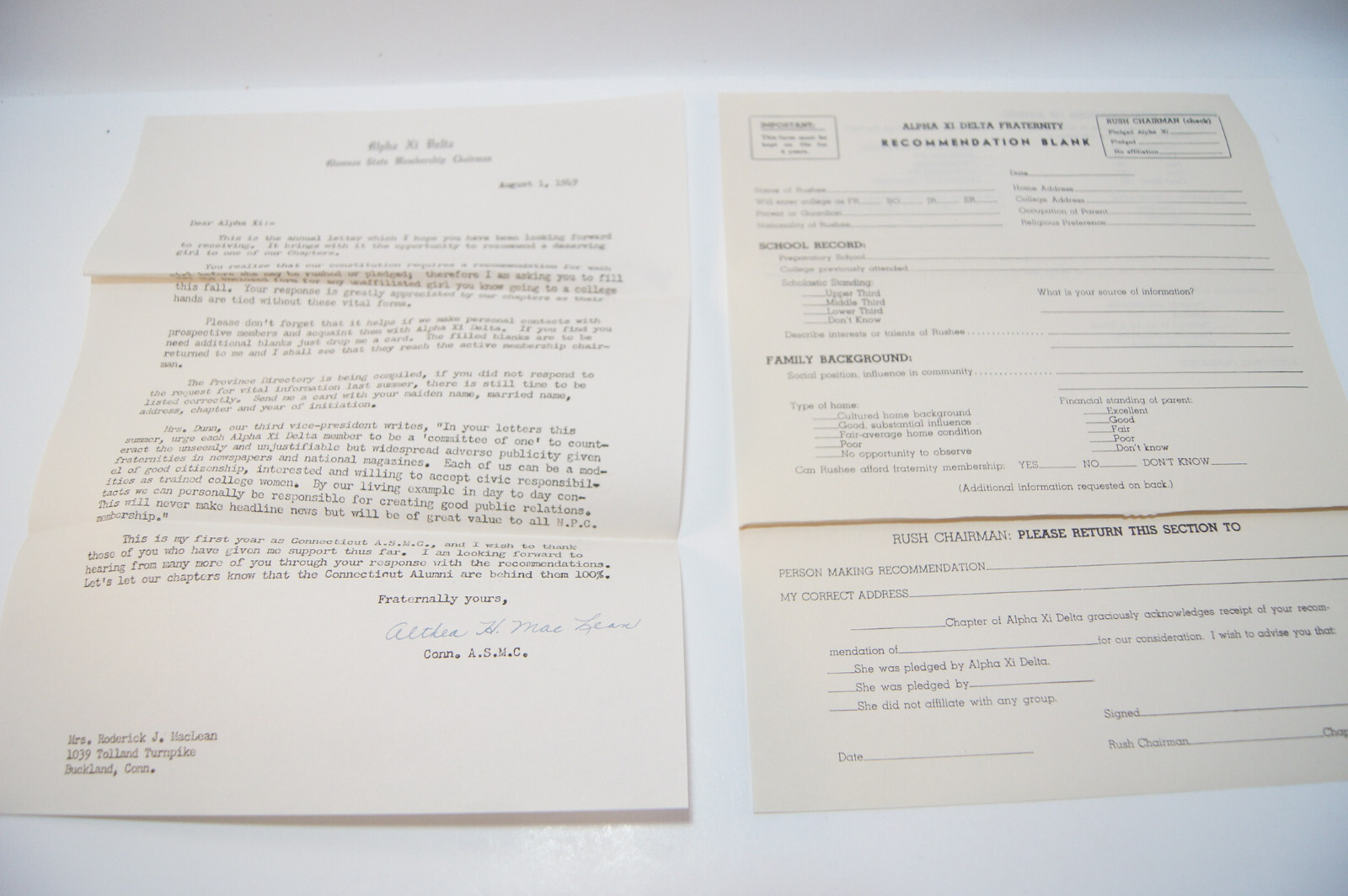 Alpha Xi Delta 1949 Vintage Annual Letter Recommendation Rush Form  Membership | eBay