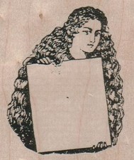 Long Haired Lady Holding Sign 2 1/2 x 2 3/4" Rubber Stamp, Woman Stamp, People S