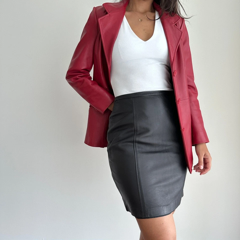 Falda de cuero vintage 26"" cintura tiro alto lápiz Y2K 2000 I.N.C Cyber Retro Foto 2 de 4