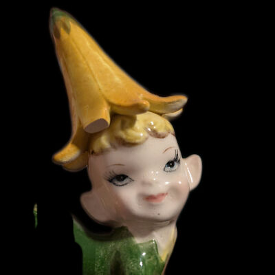 Damaged Vintage Cute Ceramic Green Pixie Elf w/ Flower on Head (Circa 1950's)