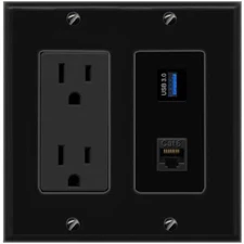 2 Port Electrical Outlet Cover Plug Jack Black UL 2 Gang CAT6 USB-3 Wall Plate