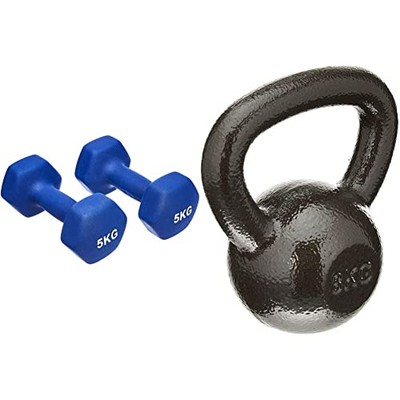Amazon Basics Neopren Hantel Paar, 2 x 5Kg & Gusseisen Kettlebell 10kg