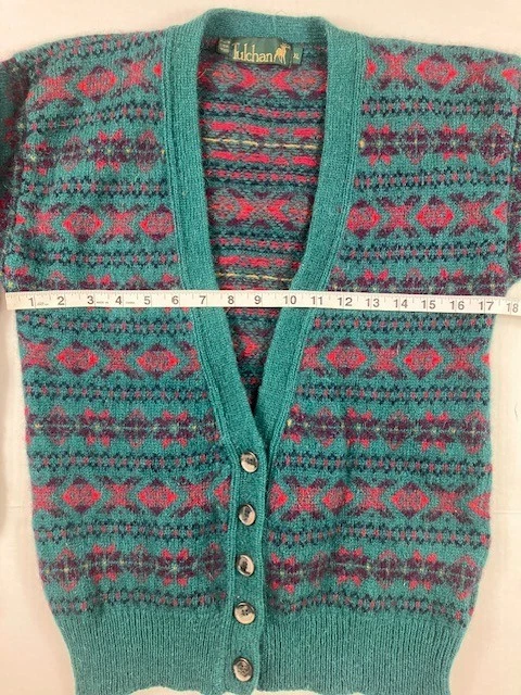 Cárdigan Suéter Vintage Años 90’s Lana Tulchan Tejido Verde Rojo Cuello en V Para Mujer’s XL Foto 3 de 4