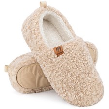 Women's Curly Memory Foam Slippers Khaki Size 8.5 Non-Slip Rubber Sole