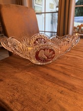 Vintage Kristall Schale Pressglas mit Rubinglas Vogel Motiv Bohemia Stil