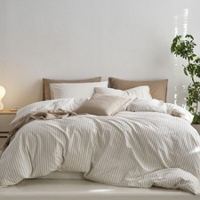 Striped Duvet Cover Set 100 Washed Cotton Linen Like Textured Breathable Dur...