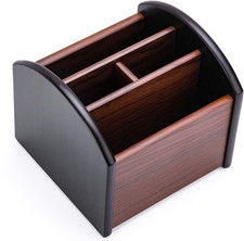 Remote Control Holder Caddy, Wooden Desk Organizer, 4 Compartments 360 Rotati