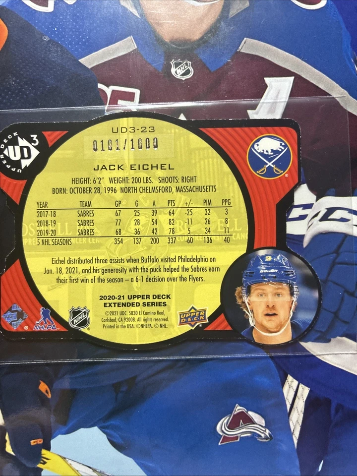 20-21 UD Extended Hockey UD3-23 Die Cut Jack Eichel /1000 - Image 2 of 2