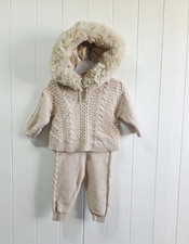 River Island Baby Girl 2pc Cable-Knit Hooded Hoodie & Trousers Set 0-3M Beige
