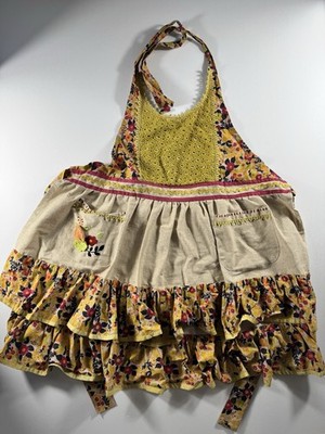 Sur La Table Floral Apron Boho Cottagecore Ruffle Cotton Embroidered Lace Yellow