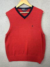 VTG 90s Polo Ralph Lauren Sweater Vest Men Medium Red Navy Cotton Hong Kong